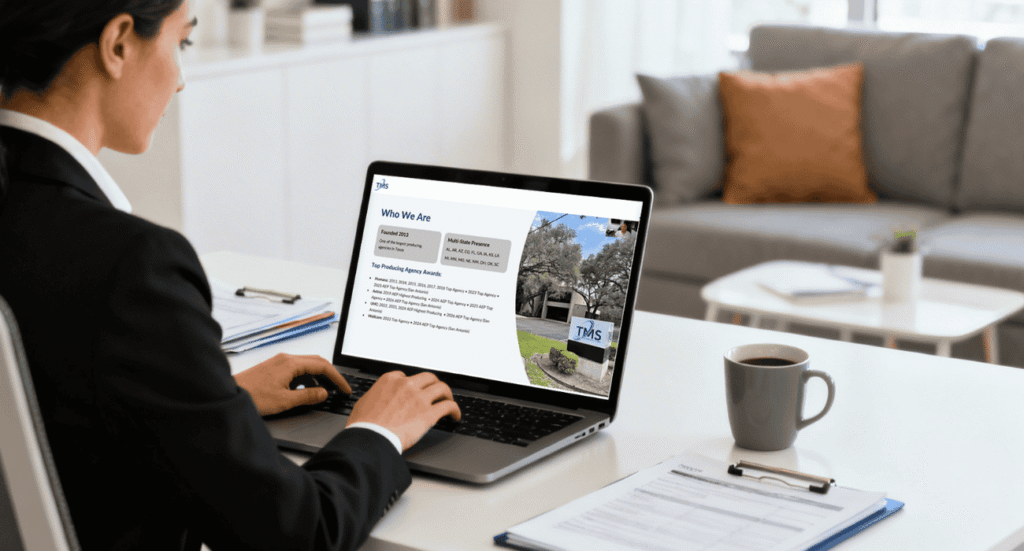 Agente independiente de Medicare completando la formación en línea en un ordenador portátil